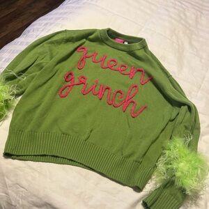 Green Sweater with Pink 'Queen Grinch' Design